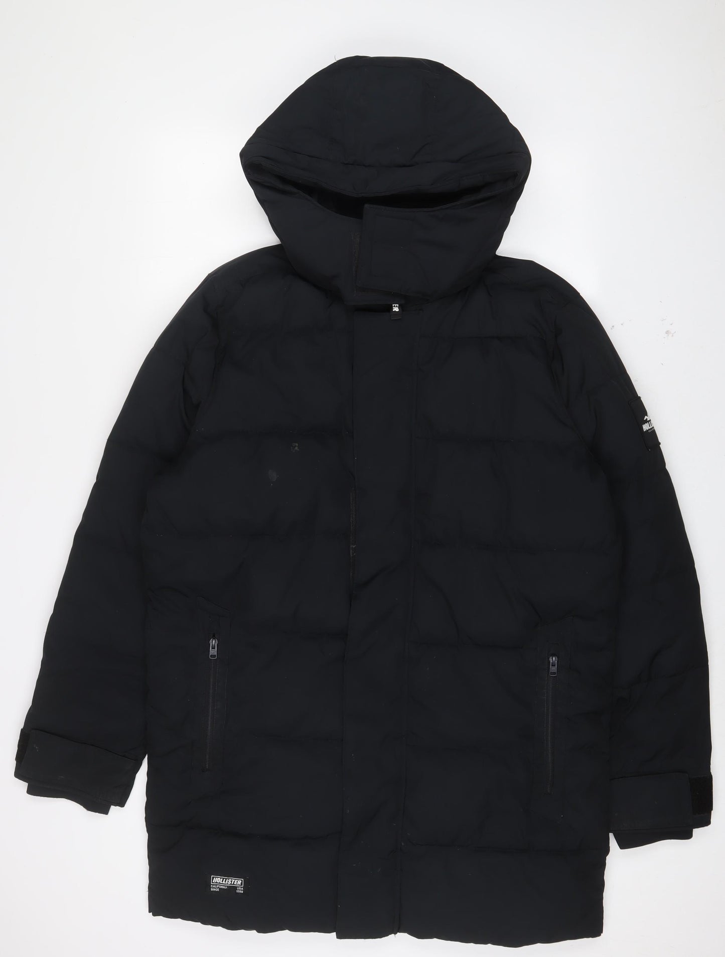 Hollister Mens Black Quilted Coat Size M Zip - Logo, Embroidered