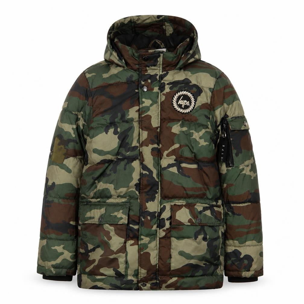 Front view of Hype boys’ green camouflage quilted coat, size 13, years zip