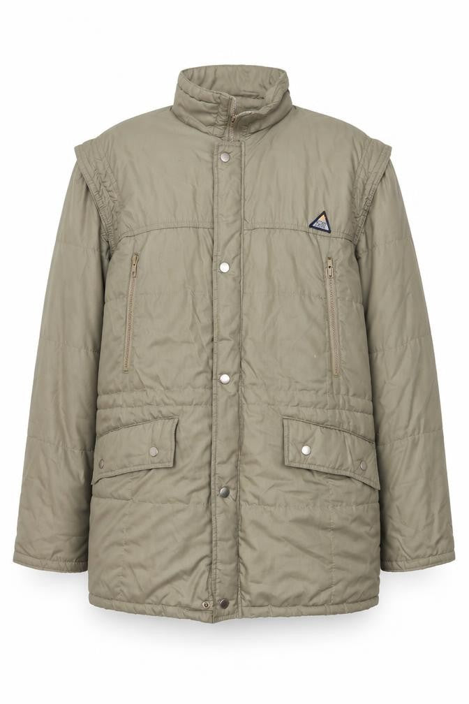Front view of Forecast men’s green quilted coat, size L, zip - logo, embroidered