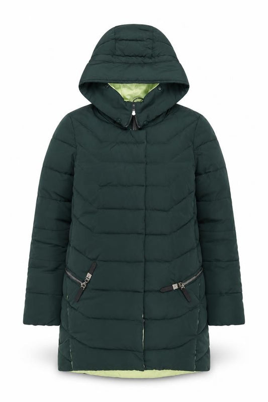 Front view of PEERCAT women’s green quilted coat, size M, zip - zip pockets