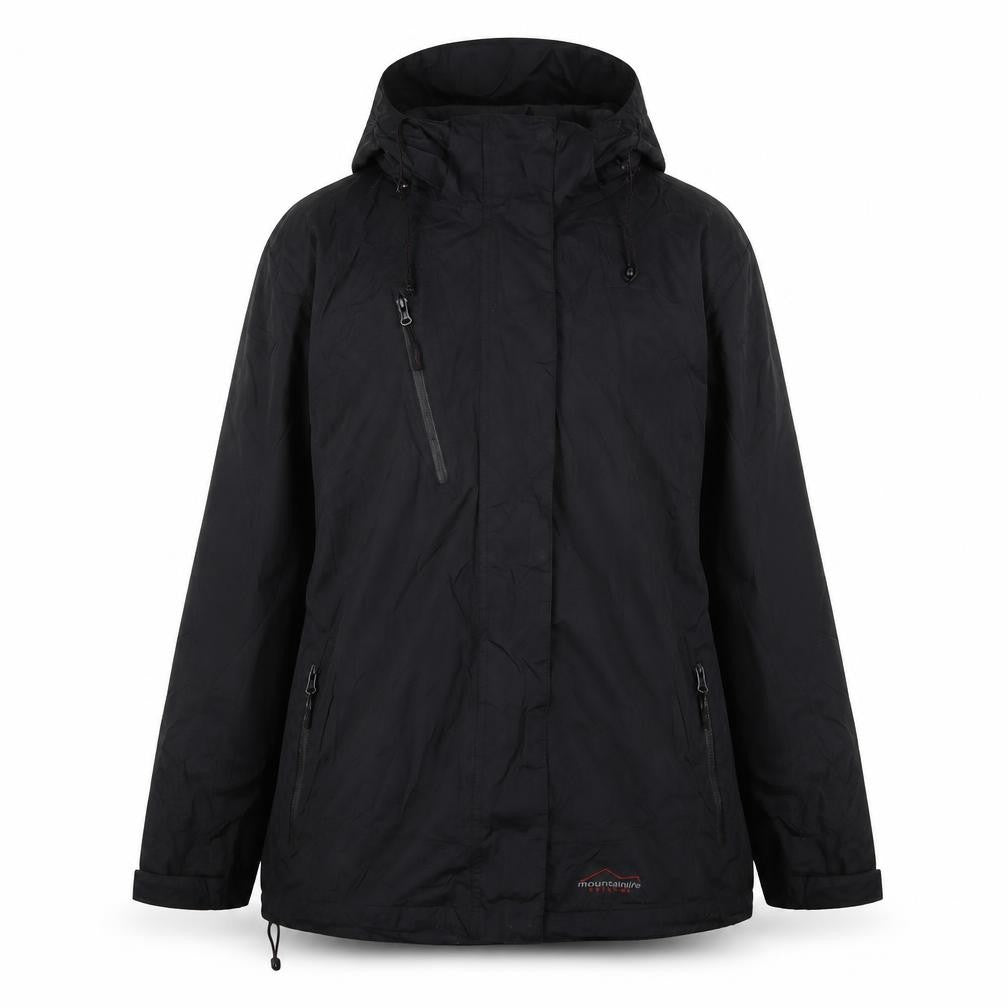 Front view of Mountain Life women’s black jacket coat, size UK 18, zip - logo, embroidered