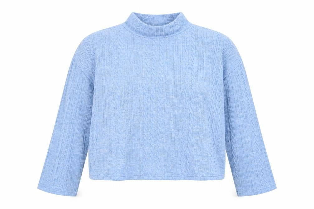 Front view of New Look women’s blue mock neck polyester jumper, size L