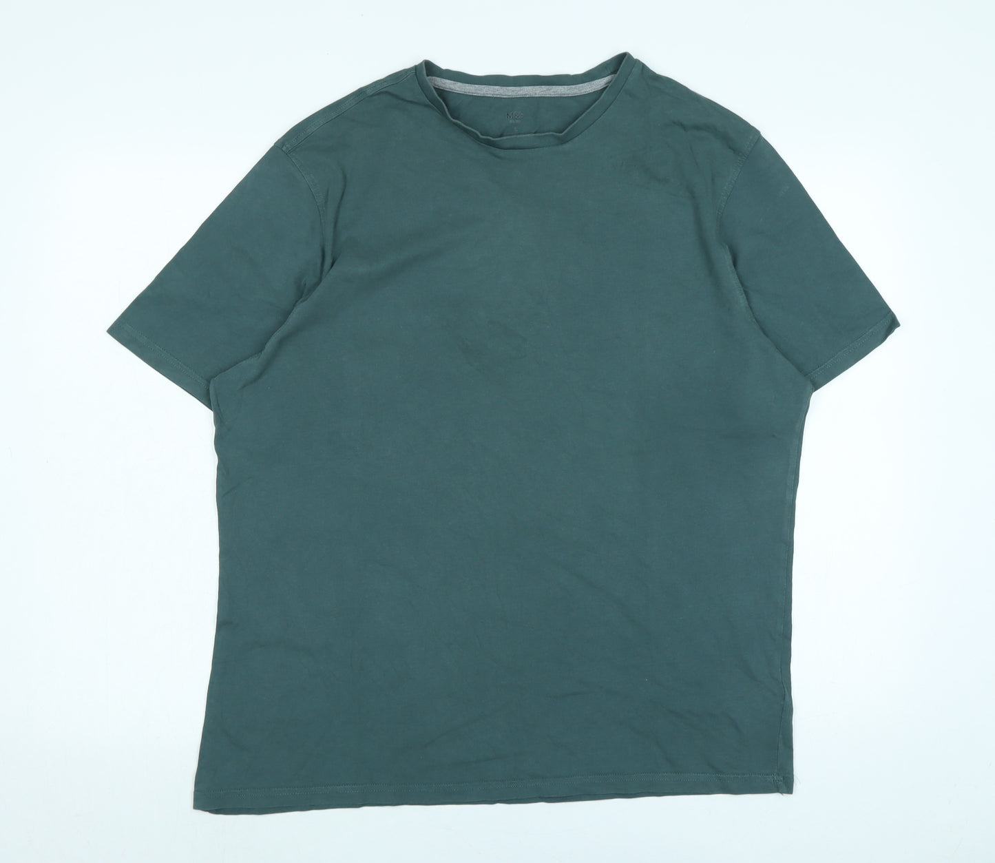 Marks and Spencer Mens Green Cotton T-Shirt Size L Crew Neck