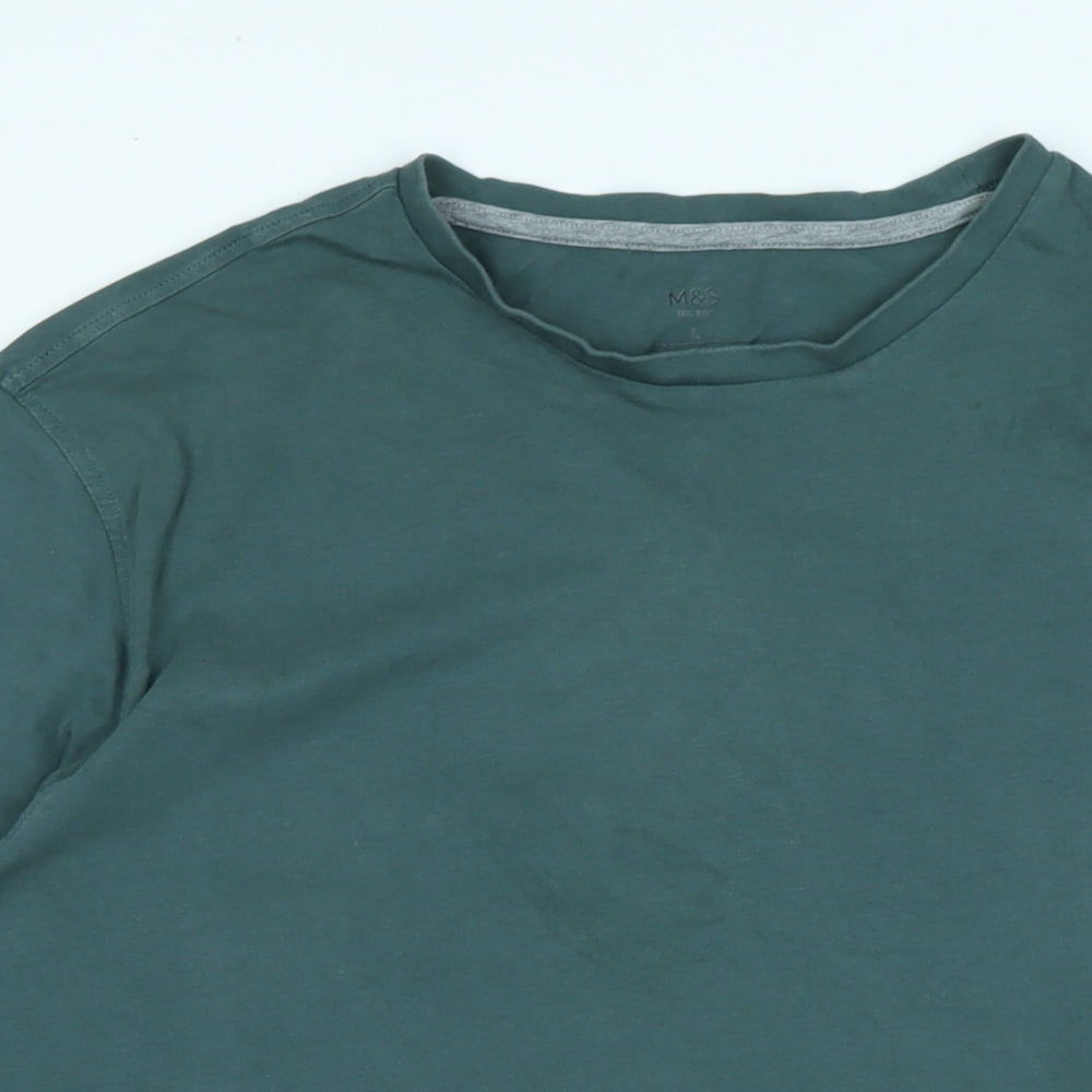 Marks and Spencer Mens Green Cotton T-Shirt Size L Crew Neck