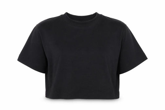 Front view of Collusion women’s black cotton basic t-shirt, size UK 12, crew neck