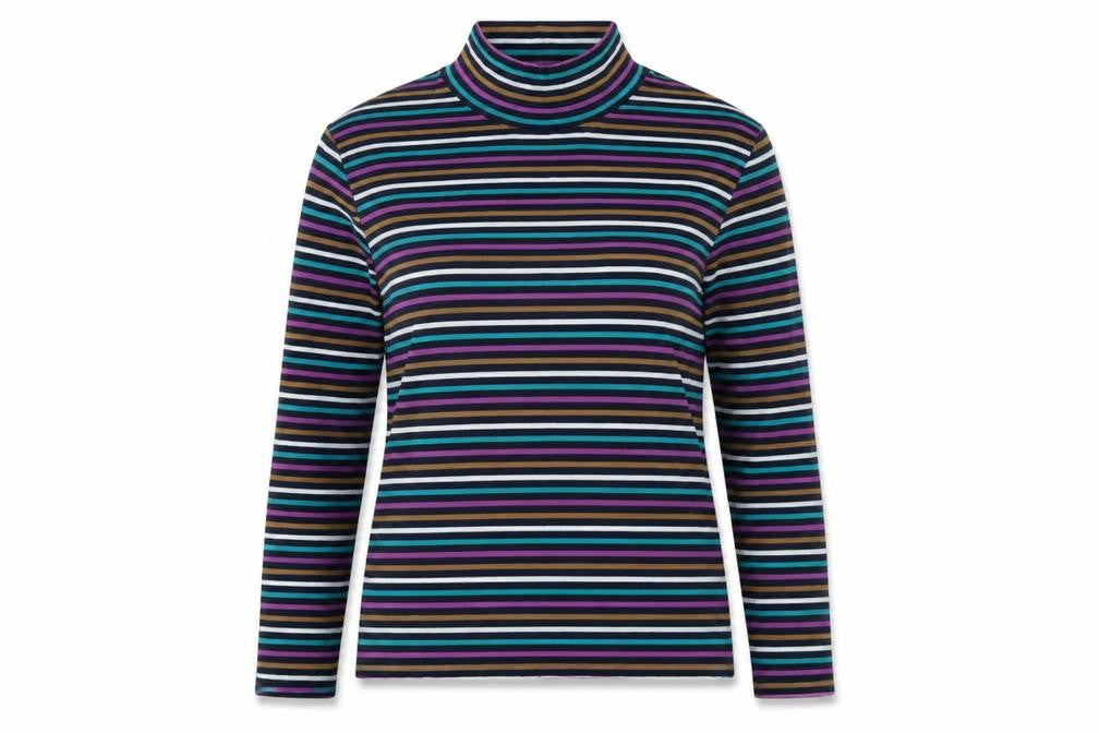 Front view of Marks & Spencer women’s multicoloured mock neck striped cotton jumper, size UK 12