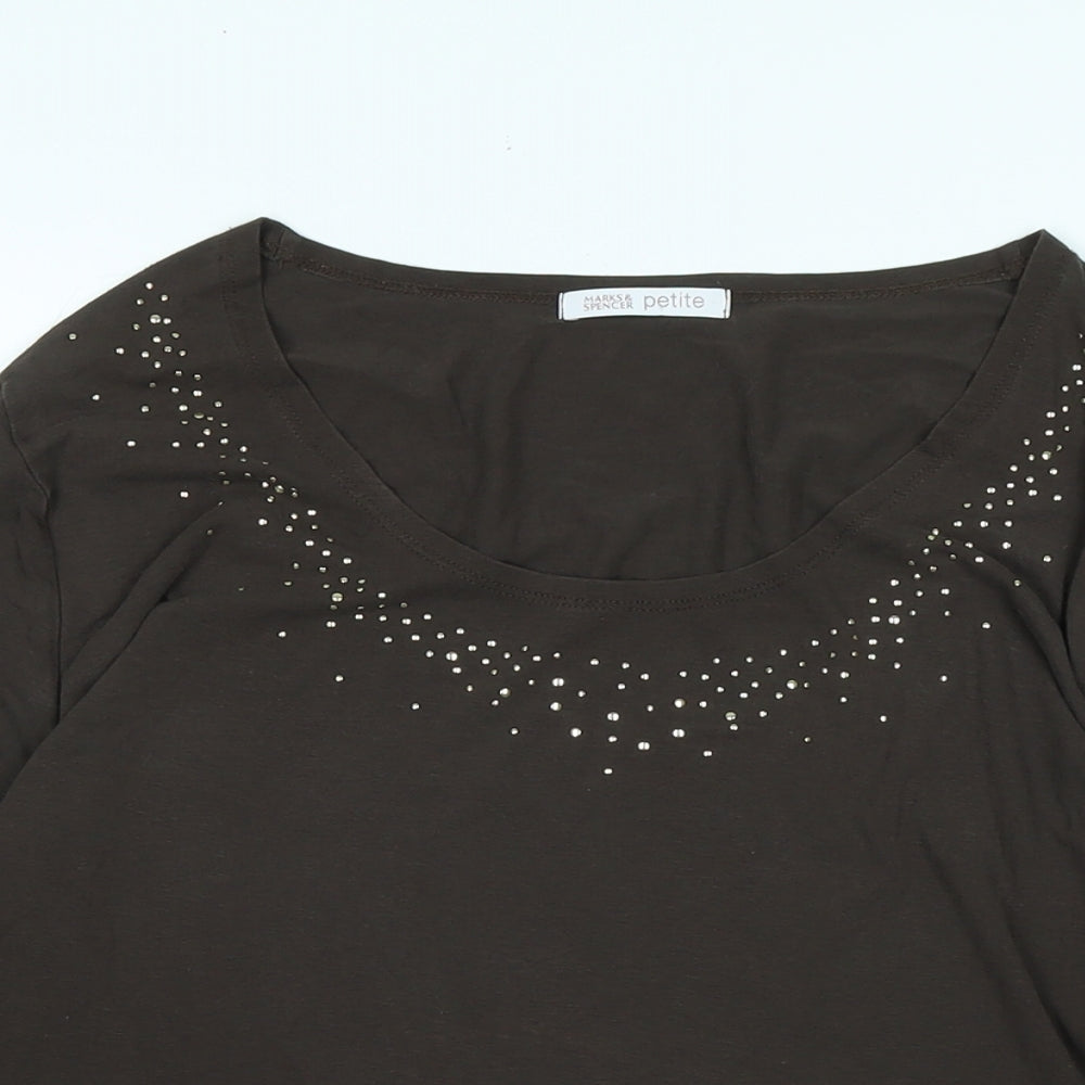 Marks and Spencer Womens Brown Cotton Basic T-Shirt Size 18 Scoop Neck - Beaded detail