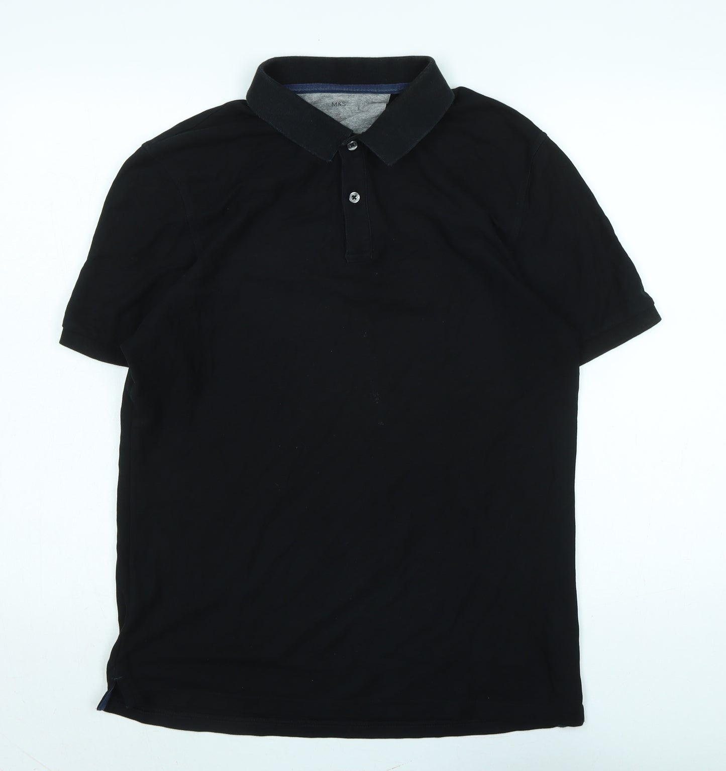 Marks and Spencer Mens Black Cotton Polo Size M Collared Button