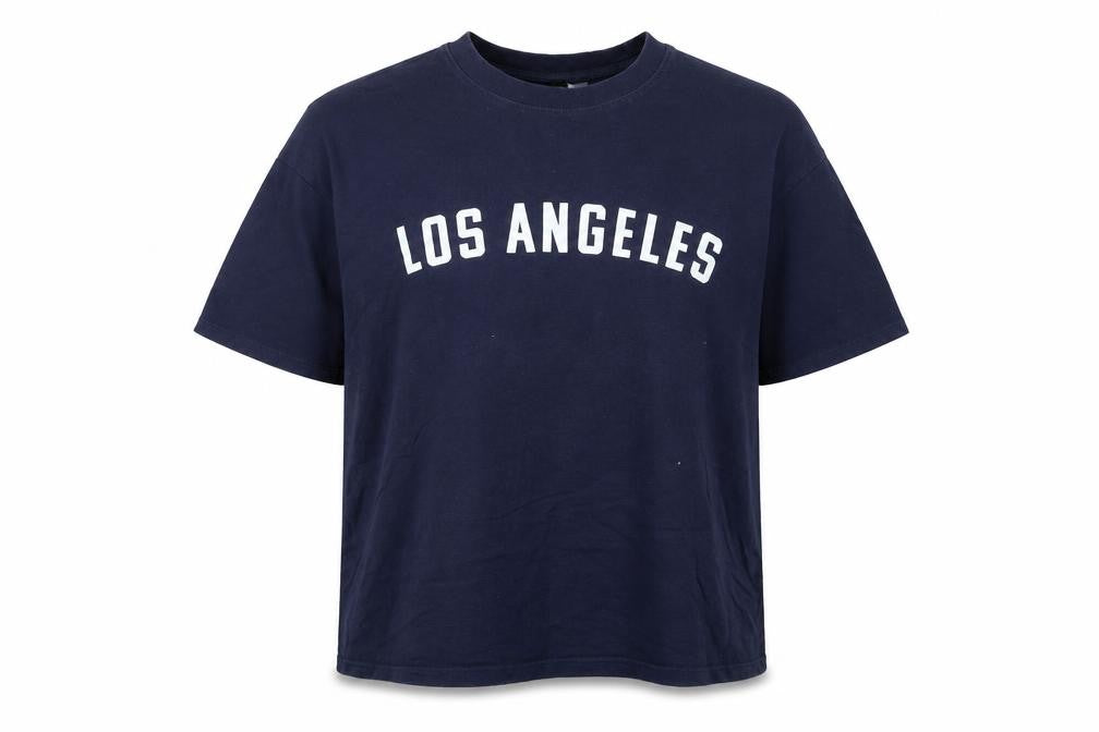 Front view of Divided women’s blue cotton basic t-shirt, size S, crew neck - logo - los angeles