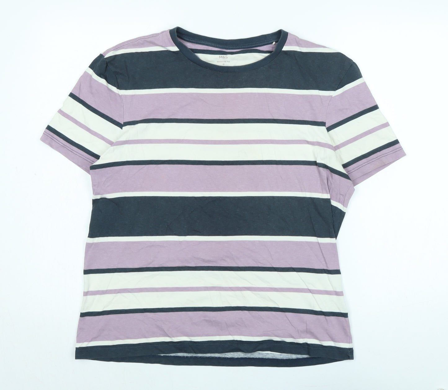 Marks and Spencer Mens Multicoloured Striped Cotton T-Shirt Size M Crew Neck