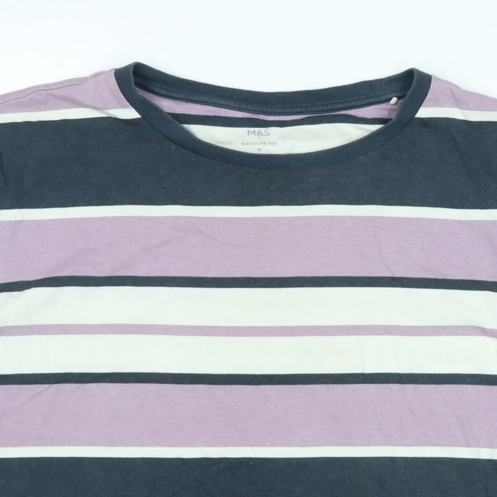 Marks and Spencer Mens Multicoloured Striped Cotton T-Shirt Size M Crew Neck