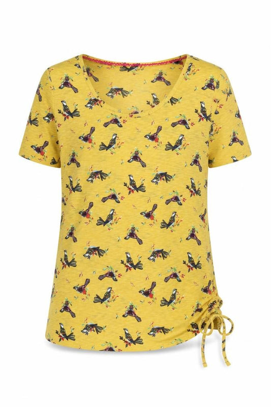 Front view of Marks & Spencer women’s yellow cotton basic blouse, size UK 10, scoop neck