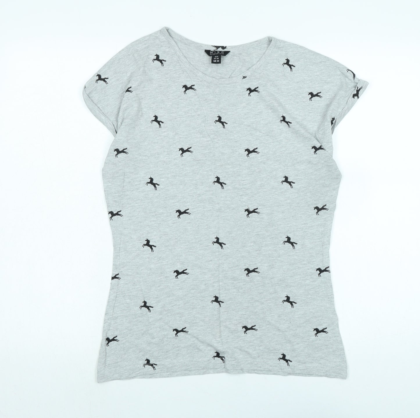 Miso Womens Grey Cotton Basic T-Shirt Size 10 Scoop Neck - Unicorns