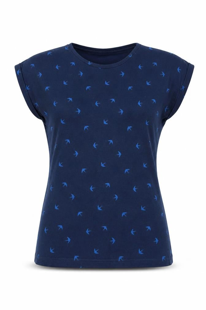 Front view of Miso women’s blue cotton basic t-shirt, size UK 10, scoop neck - birds