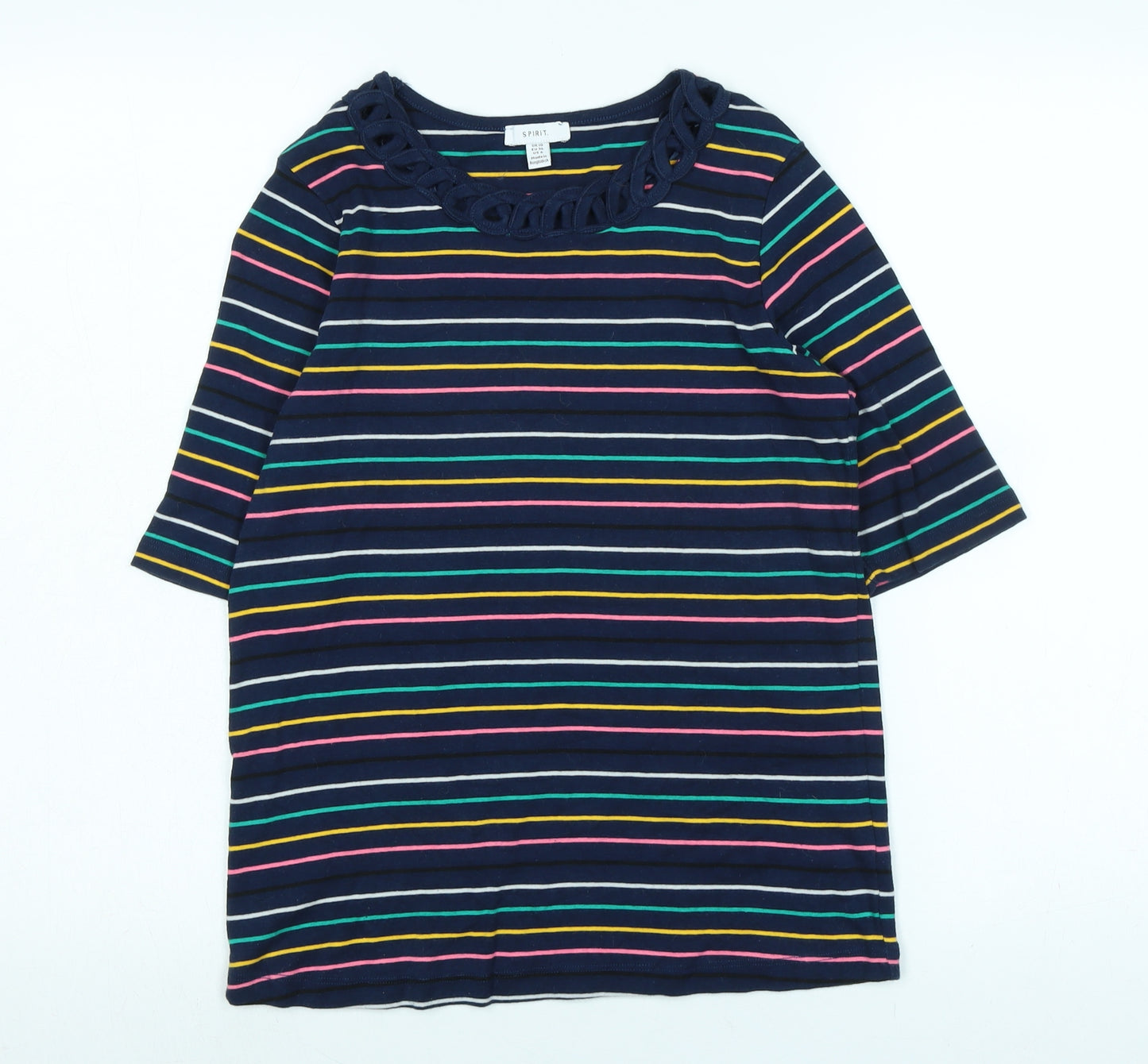 Spirit Womens Blue Striped Cotton Basic T-Shirt Size 10 Scoop Neck
