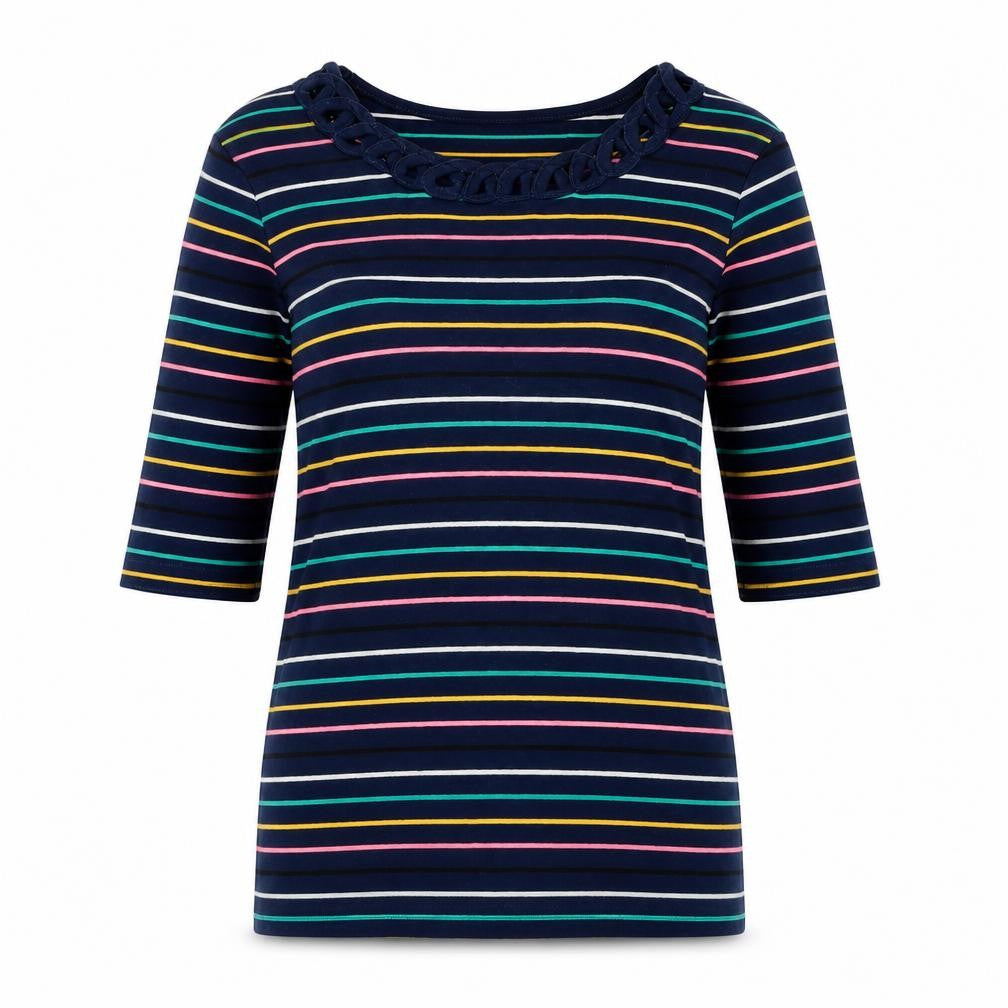 Spirit Womens Blue Striped Cotton Basic T-Shirt Size 10 Scoop Neck