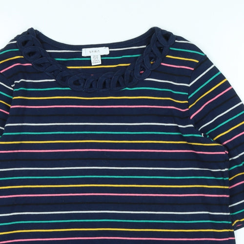 Spirit Womens Blue Striped Cotton Basic T-Shirt Size 10 Scoop Neck