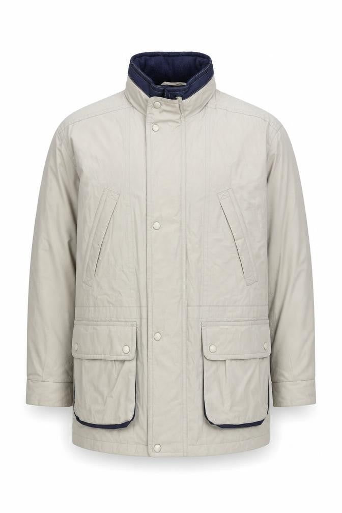 Front view of Marks & Spencer men’s beige jacket coat, size L, zip