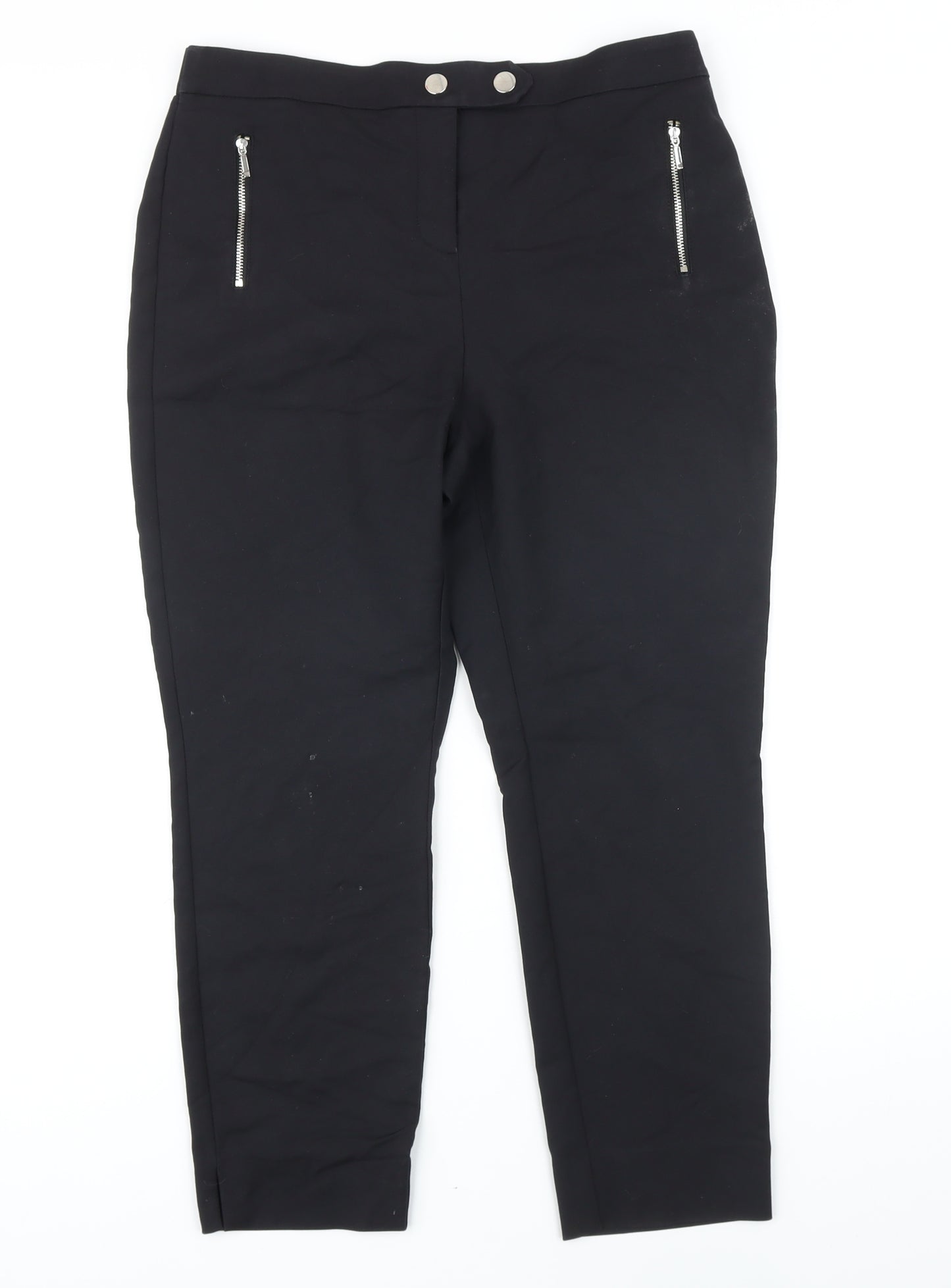 NEXT Womens Black Polyester Cropped Trousers Size 14 L23 in Regular Zip - Elasticated waist