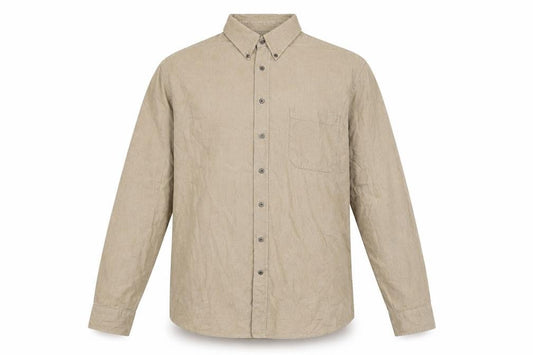 Front view of Sonoma men’s beige cotton blend button-up, size L, collared button