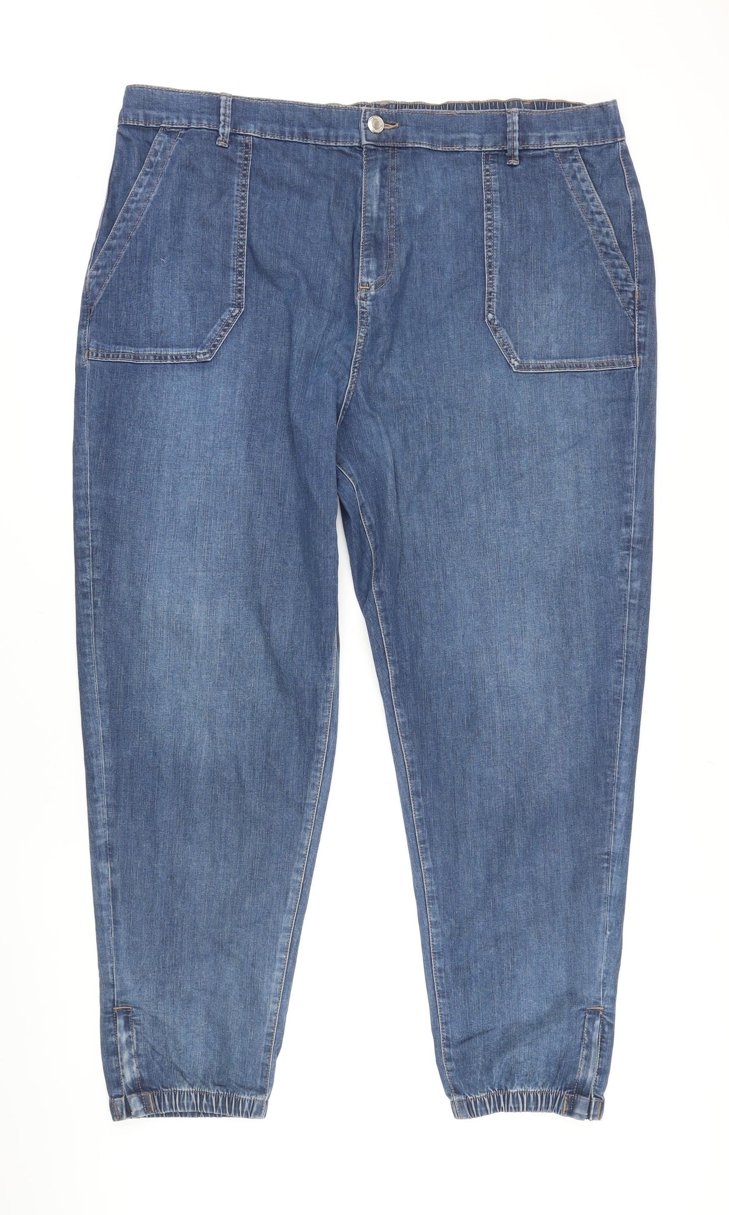 M&S Womens Blue Cotton Tapered Jeans Size 22 L28 in Regular - Elasticated waist & hems