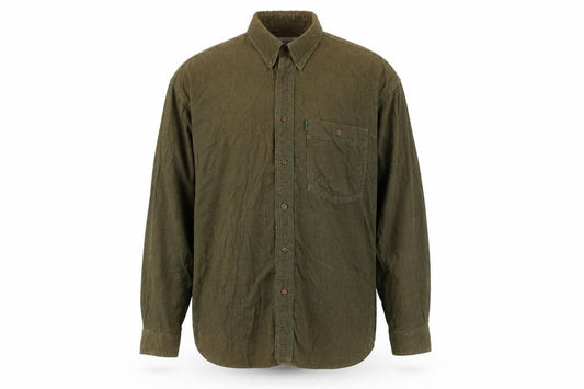 Front view of Check Mark men’s green cotton button-up, size M, collared button