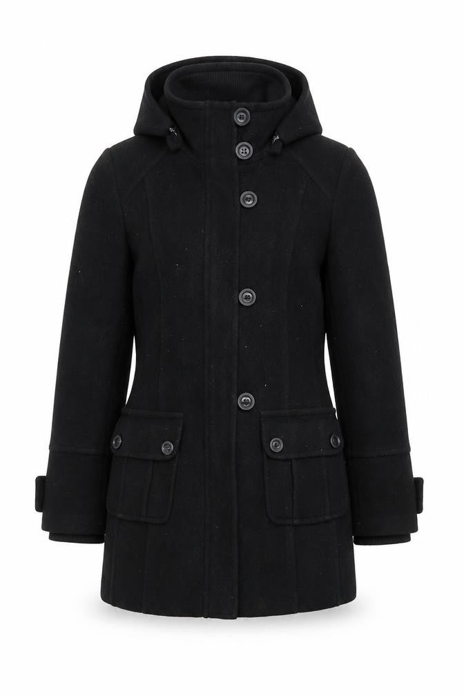 Front view of Next women’s black overcoat coat, size UK 10, zip