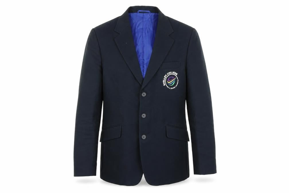 Front view of Banner boys’ blue jacket blazer, size L, button - shelley college