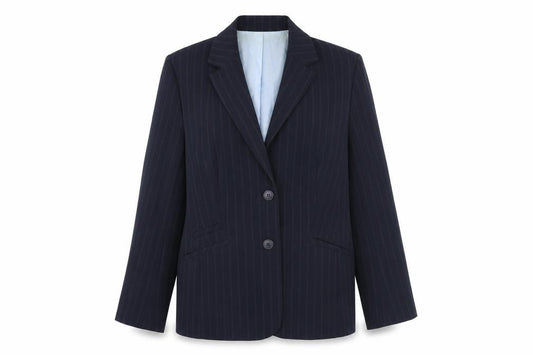 Front view of BHS women’s blue striped jacket blazer, size UK 14, button