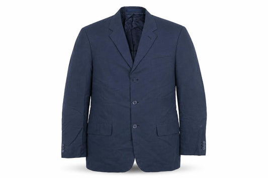Front view of Ultimo men’s blue polyester jacket blazer, size 40, regular