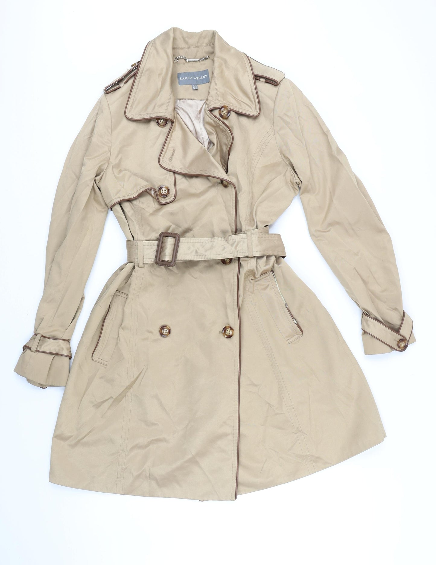 Laura Ashley Womens Beige Trench Coat Coat Size 14 Button