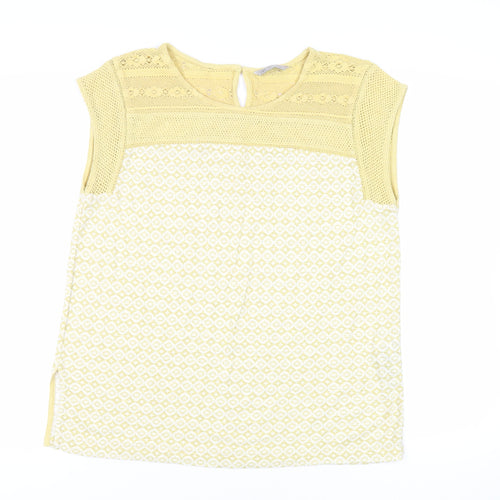 Marks and Spencer Womens Yellow Geometric Cotton Basic Blouse Size 14 Round Neck - Crochet Detail