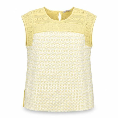 Marks and Spencer Womens Yellow Geometric Cotton Basic Blouse Size 14 Round Neck - Crochet Detail
