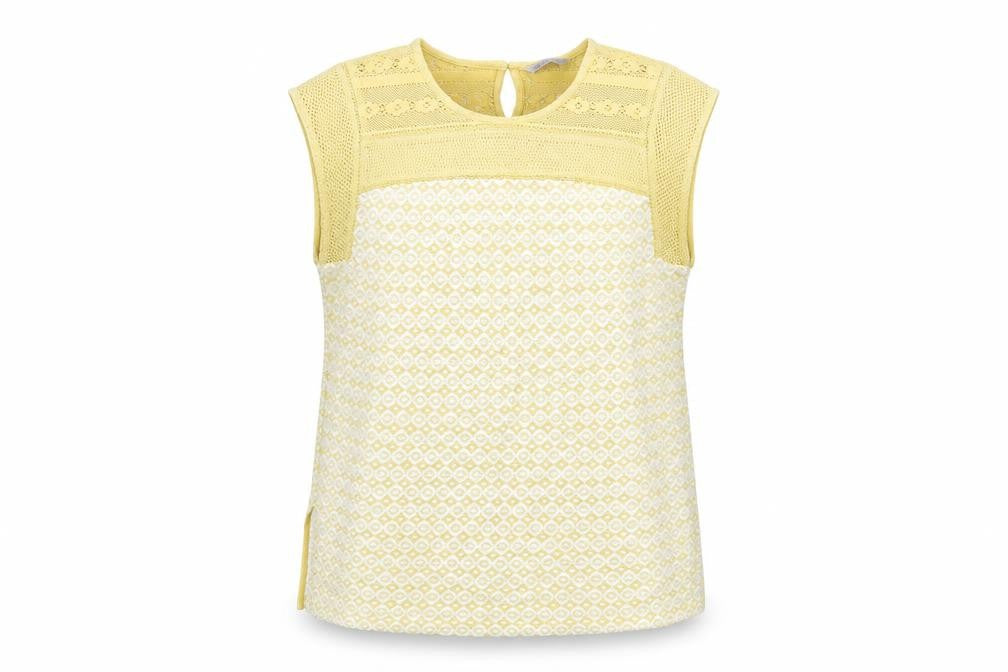 Marks and Spencer Womens Yellow Geometric Cotton Basic Blouse Size 14 Round Neck - Crochet Detail