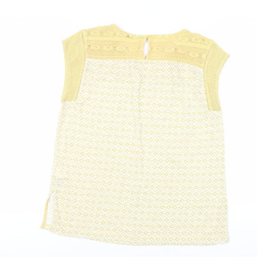 Marks and Spencer Womens Yellow Geometric Cotton Basic Blouse Size 14 Round Neck - Crochet Detail