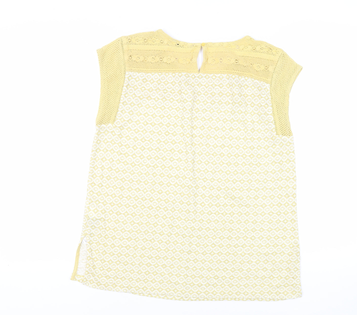 Marks and Spencer Womens Yellow Geometric Cotton Basic Blouse Size 14 Round Neck - Crochet Detail