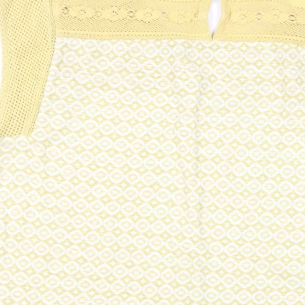 Marks and Spencer Womens Yellow Geometric Cotton Basic Blouse Size 14 Round Neck - Crochet Detail