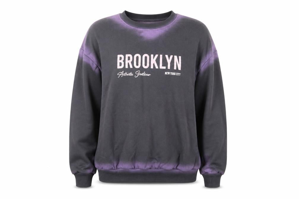 Front view of ASZMI women’s grey cotton pullover sweatshirt, size L, pullover - brooklyn nyc