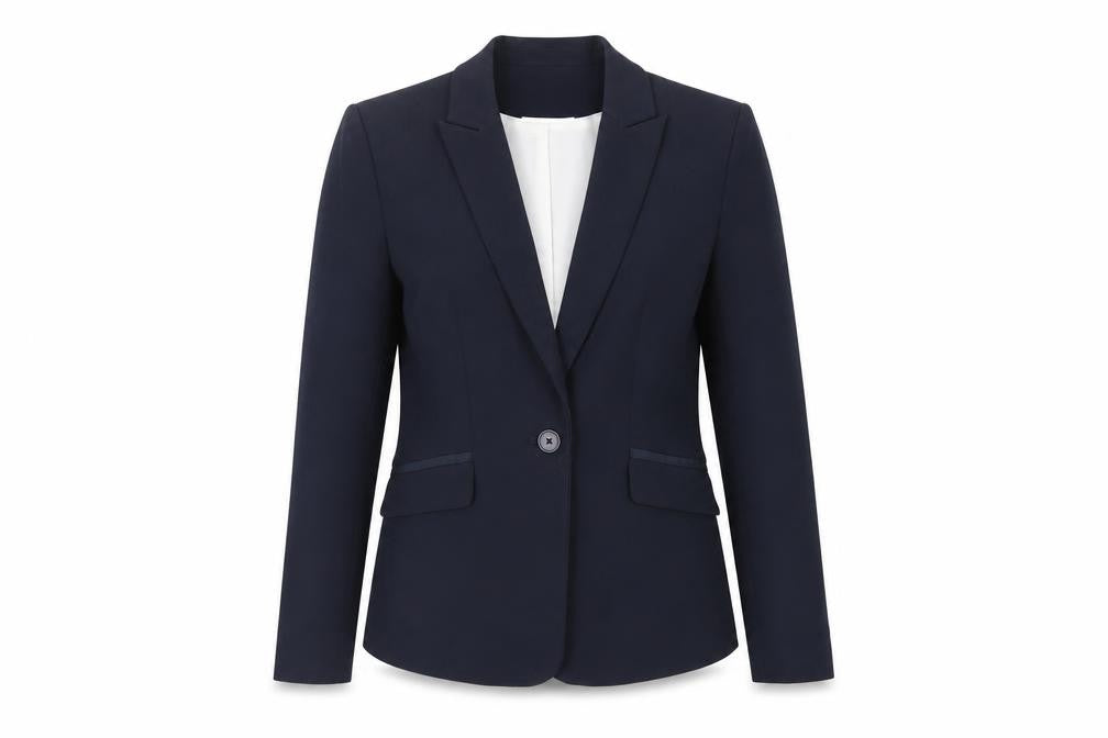 Front view of Marks & Spencer women’s blue jacket blazer, size UK 8, button