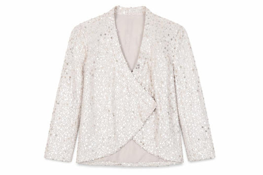 Front view of Next women’s beige jacket blazer, size UK 8, - sequin