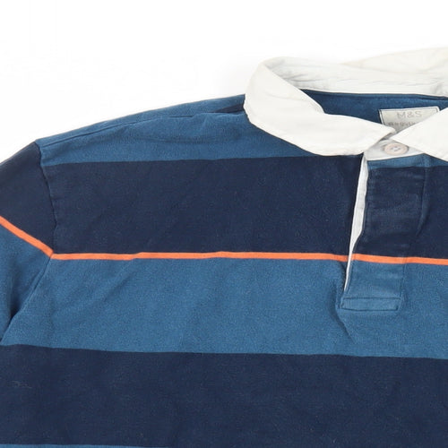 Marks and Spencer Mens Blue Striped Cotton Polo Size L Collared Button