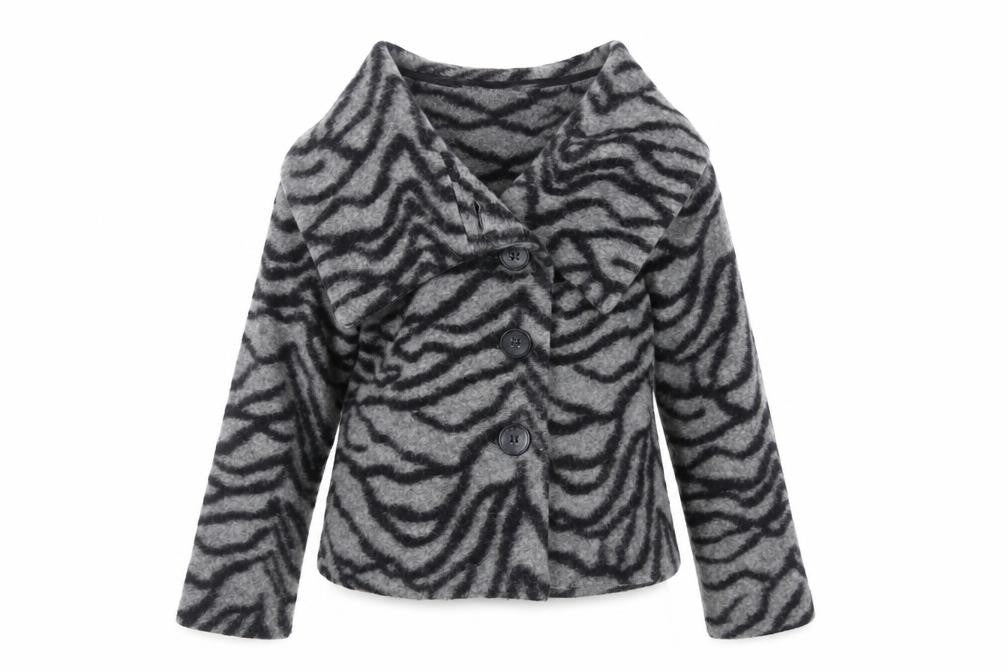 Front view of Kaliko women’s grey animal print jacket, size UK 14, button