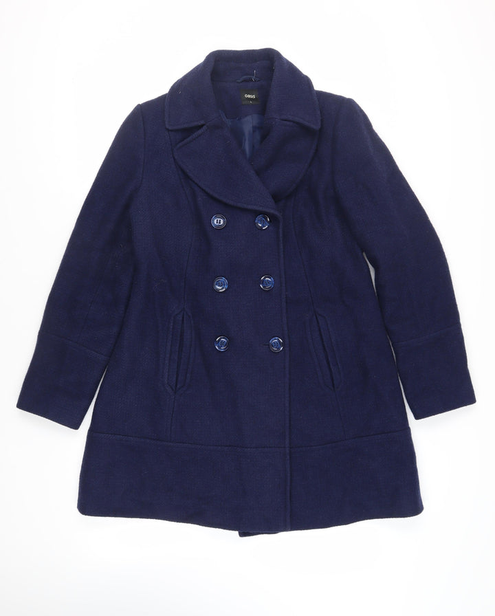 Oasis Womens Blue Pea Coat Coat Size L Button