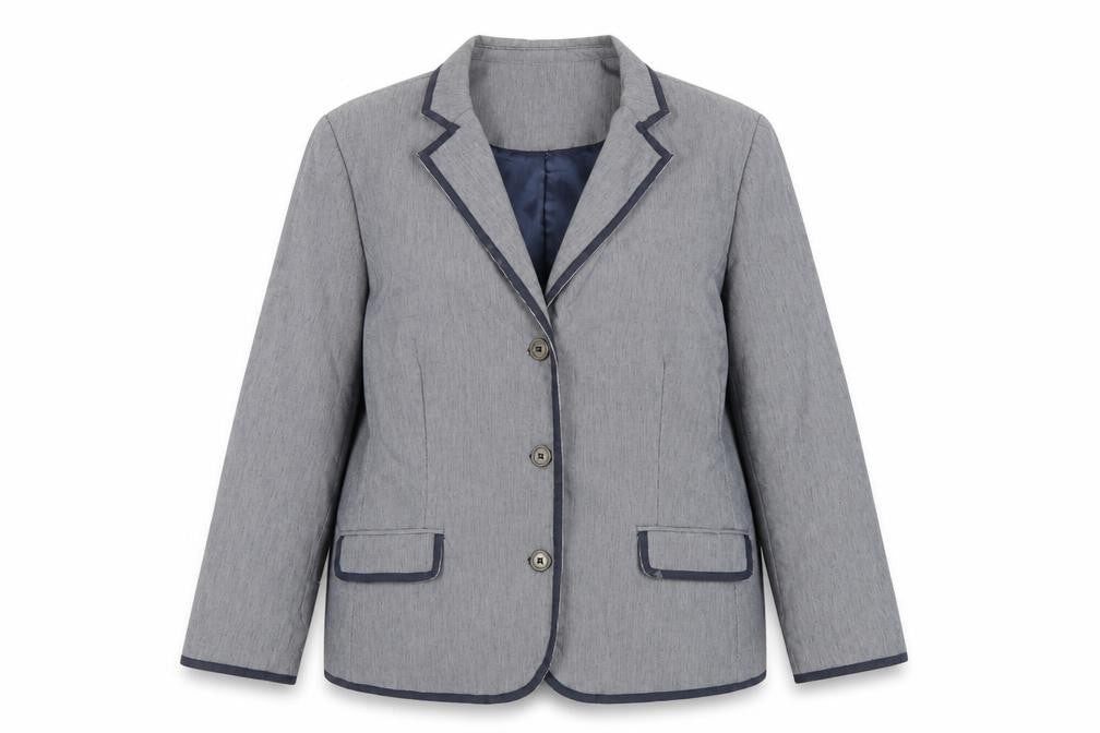 Front view of Maine New England women’s blue striped jacket blazer, size UK 20, button