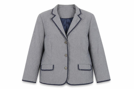 Front view of Maine New England women’s blue striped jacket blazer, size UK 20, button