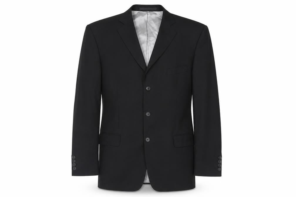 Front view of Marks & Spencer men’s black wool jacket suit jacket, size 46, regular