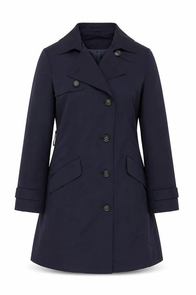 Front view of Marks & Spencer women’s blue pea coat coat, size UK 12, button