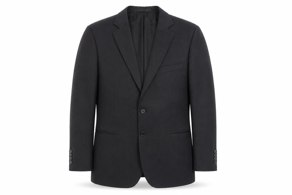 Front view of Marks & Spencer men’s blue striped polyester jacket suit jacket, size 40, regular
