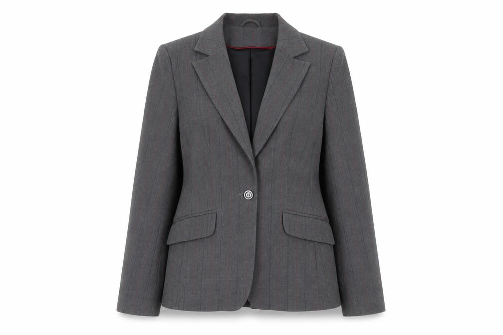 Front view of New Look women’s grey striped jacket blazer, size UK 12, button