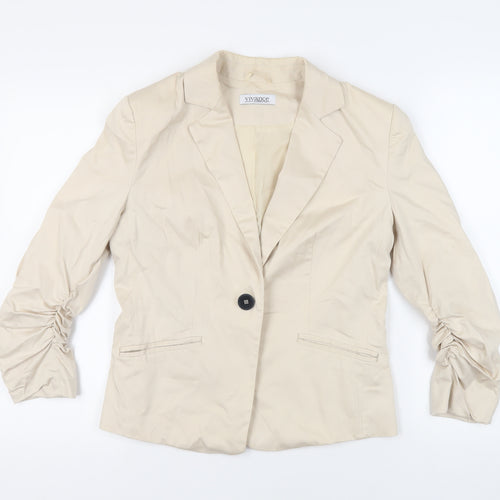 Vivance Collection Womens Beige Jacket Blazer Size 14 Button - Ruched Sleeves
